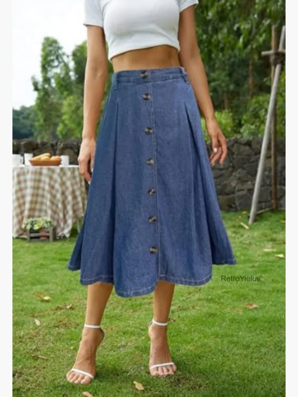 Pleated A-line Midi Skirt with Pockets Elastic Waist Button Front Flared - Picture 2 of 7